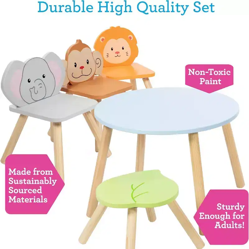 Kids Wooden Animal Table & Chair Set w 4 Seats - Monkey Lion & Elephant Plus Adult Stool for Arts Crafts, Dining, Pretend Play- Durable Playroom