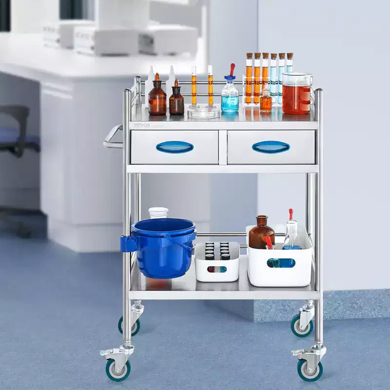 VEVOR Lab Serving Cart, 2 Layers Stainless Steel Utility Rolling Cart, Medical Cart with Two Drawers, Dental Utility Cart