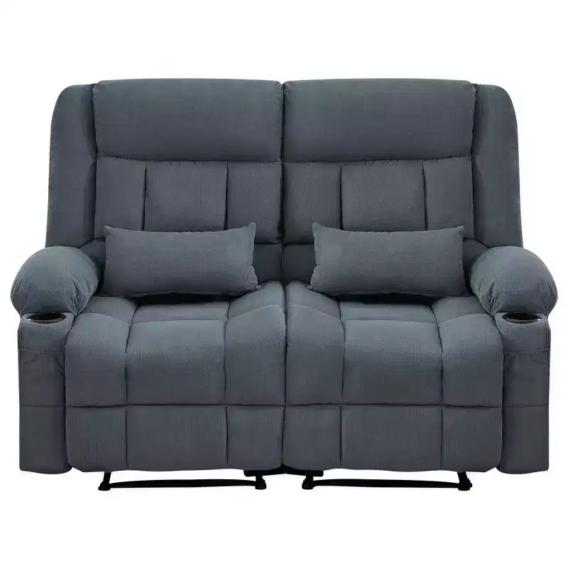 AndMakers 61.81 in. Wide Pillow Top Arm Fabric Rectangle Reclining Sofa with Cupholders