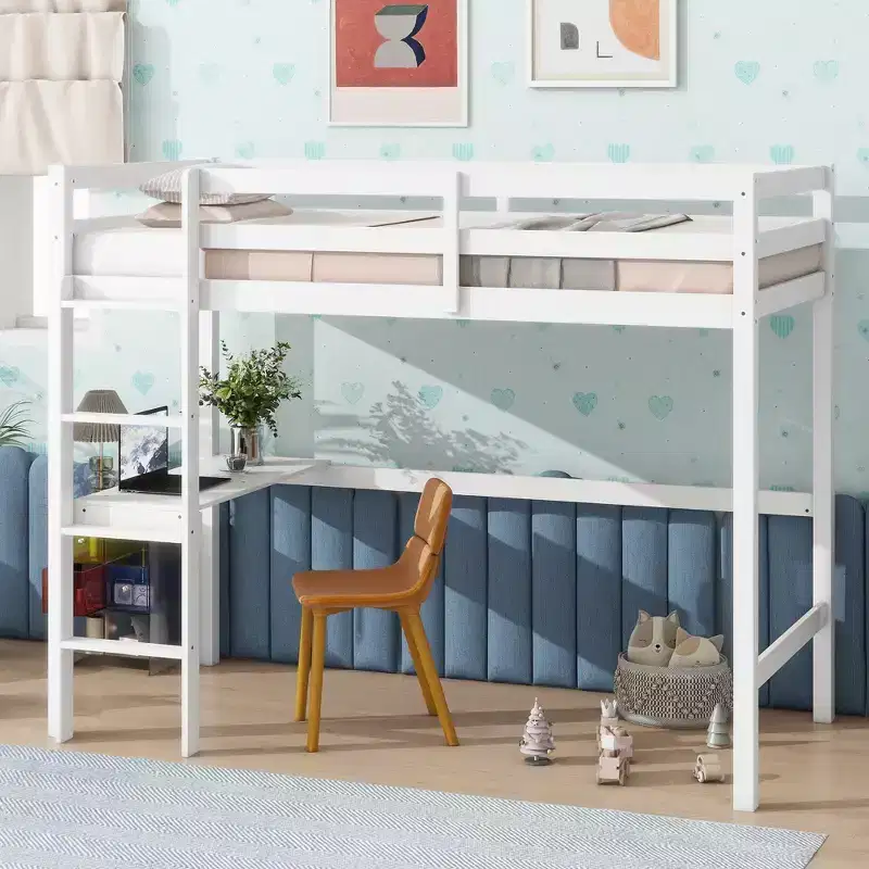 MAYEERTY Twin High Loft Bed, Rubber Wood Loft Bed with Safety Guardrail, Bulit-in Desk White
