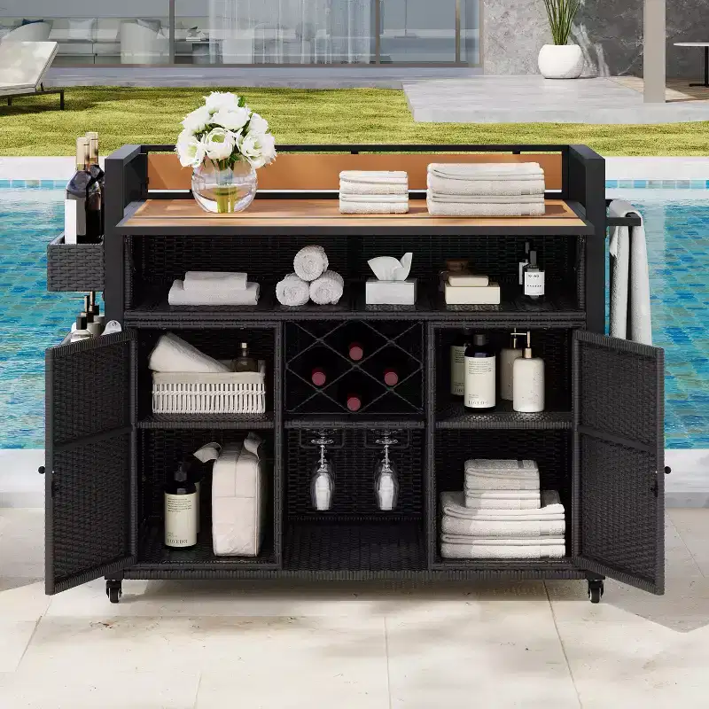 52.8W Wicker Outdoor Grill Cart with Extended Table Top, Rolling Kitchen Island with Ample Storage, Spice Racks & Lockable Wheels-ModernLuxe