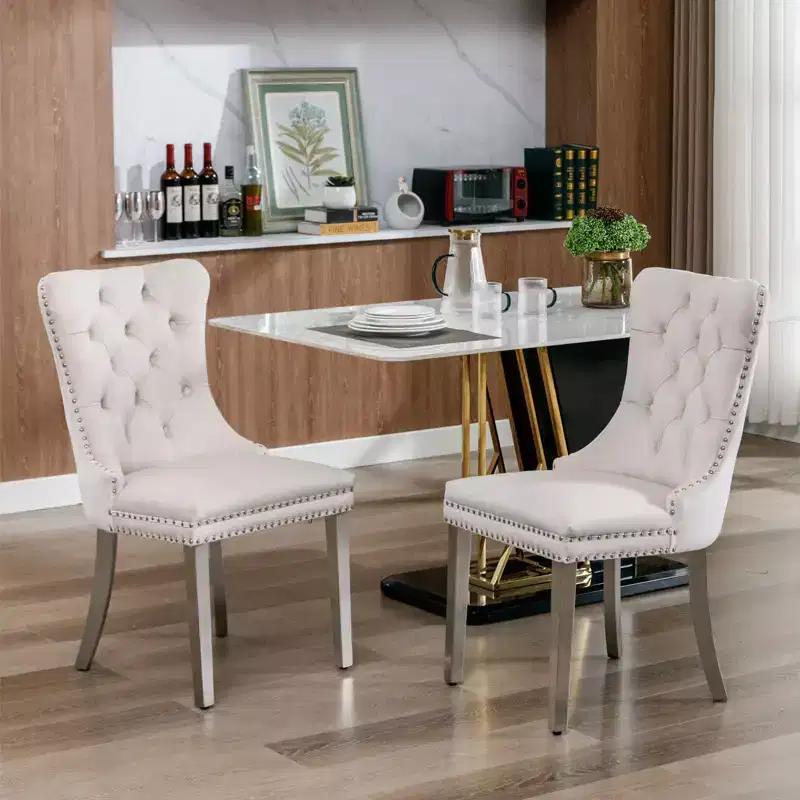 Set of 2 Gray Tufted Solid Wood Contemporary Velvet Upholstered Dining Chair with Chrome Stainless Steel Plating Legs and Nailhead Trim