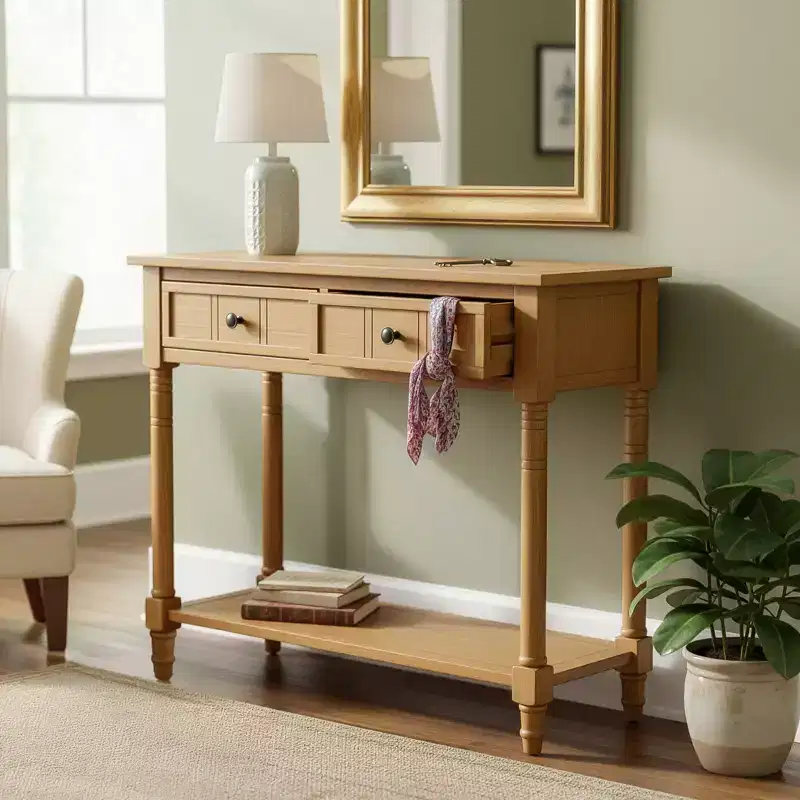 Traditional Entryway Console Table with 2 Drawers and Bottom Shelf, Solid Pine Wood