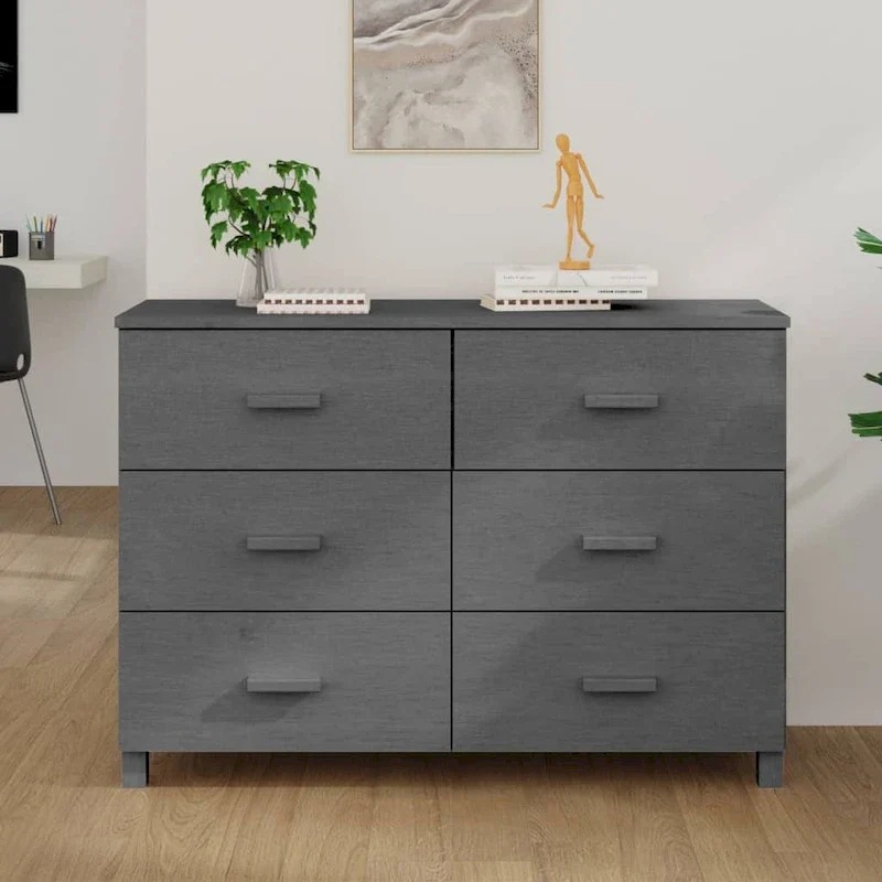Sideboard Buffet Console Cabinet, 6 Drawers, Solid Pine Wood, Dark/Light Gray, 44.5W x 15.7D x 31.5H