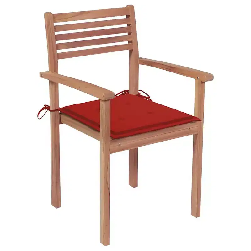 vidaXL Stackable Patio Chairs in Solid Teak Wood with Red Cushions, Outdoor Furniture Set for Gardens and Patios, Pack of 4