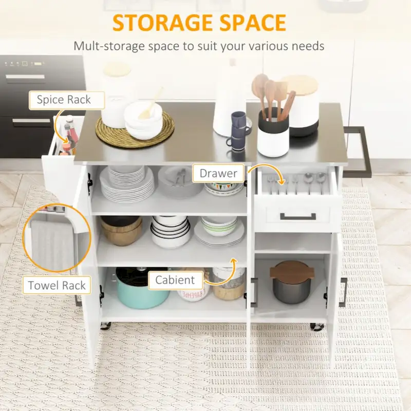 Kitchen Island with Storage, Rolling Kitchen Island on Wheels with Drawer, 3 Cabinets,Spice Rack and Towel Rack, White