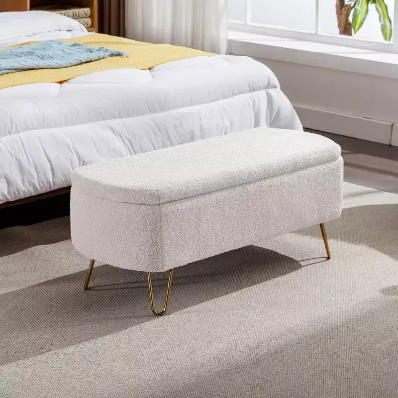 Storage Bench Ottoman, Faux Velvet Upholstered with Safety Hinge & Metal Feet, for Bedroom, Entryway, Living Room, Ivory