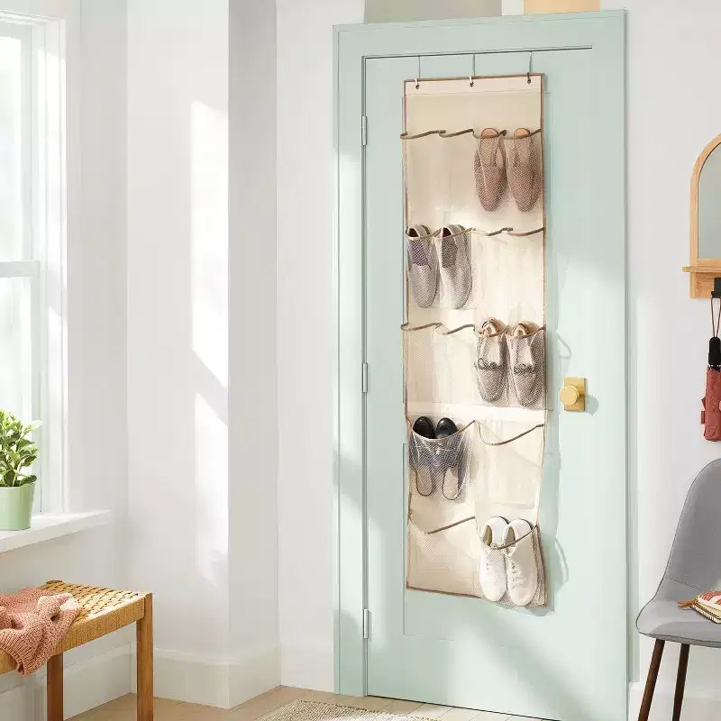 16-Shelf Over-the-Door Shoe Organizer, Clear Mesh, Recycled PET, 10 lb Capacity