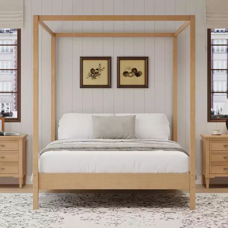 Solid Pine Wood Canopy Bed Frame, Queen/King, Slat Support, 650 lb Capacity