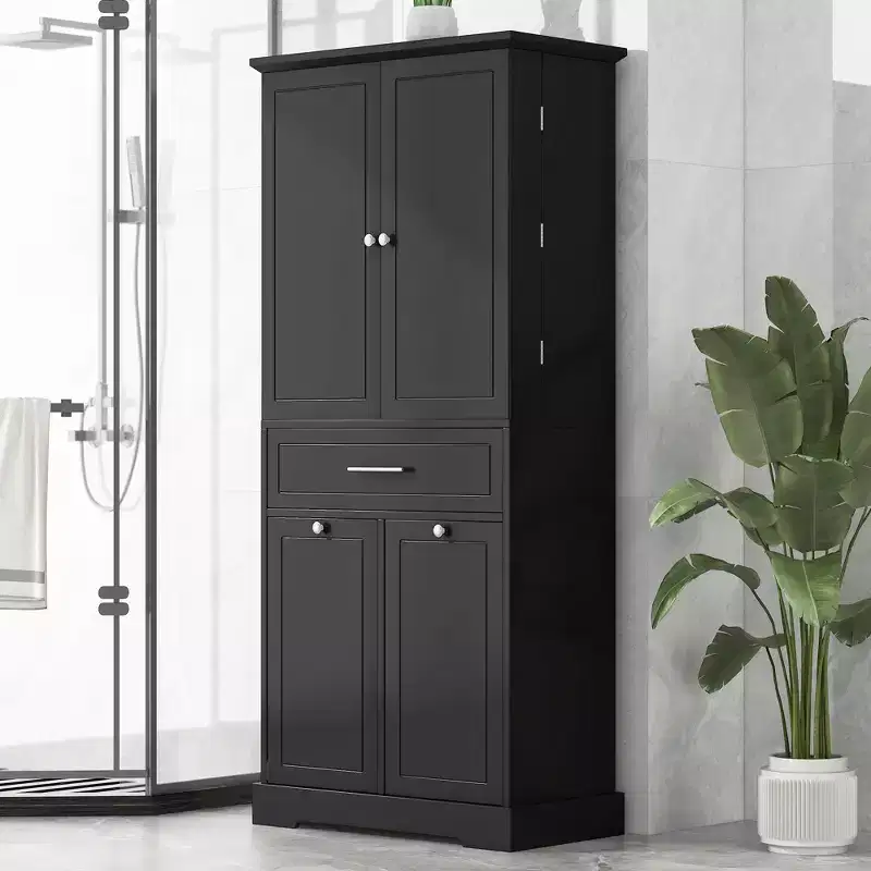 GDFStudio Josh Multiple Compartments Storage Bathroom Cabinet with Tilt-Out Laundry Hamper and Adjustable Shelf