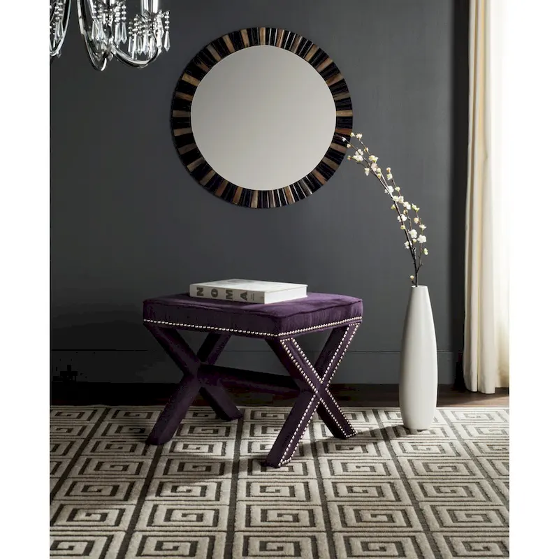 Tufted X-Bench Ottoman – Royal Wool Blend Fabric, Silver Nailhead Trim