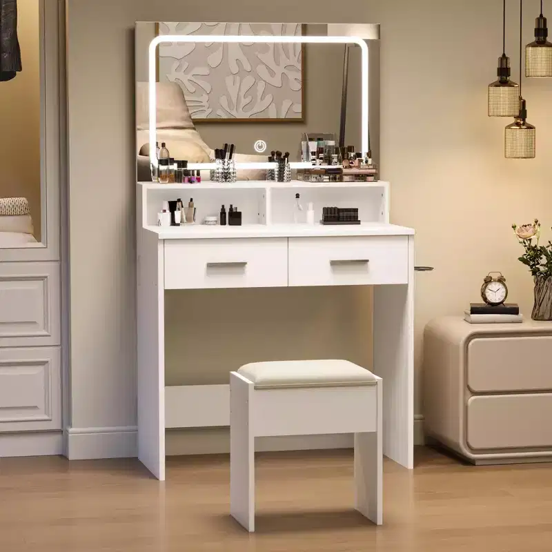 White Vanity Desk with Mirror, Drawers and Stool