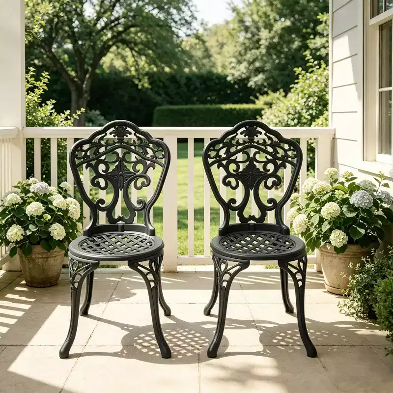 Set of 2 Cast Aluminum Patio Dining Chairs, Black Rust Resistant Frame with Ornate Carved Design