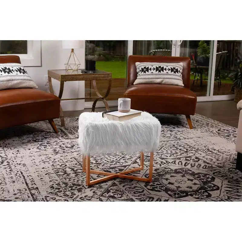 BirdRock Home Rectangular White Faux Fur Foot Stool Ottoman with Gold Legs