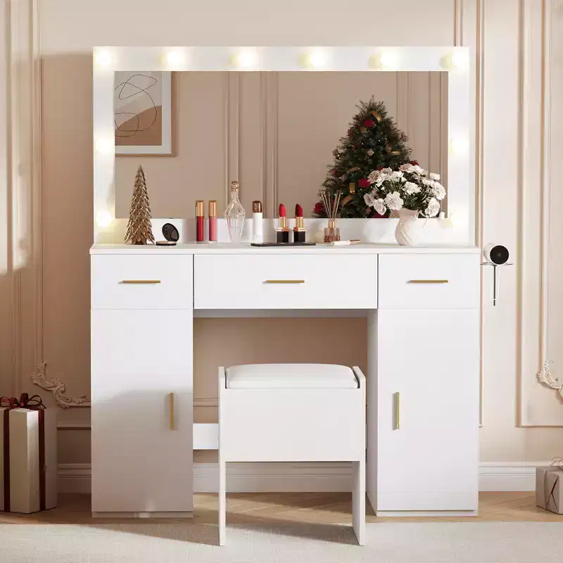 Vanity Desk with Large Mirror and Lights, Makeup Vanity Desk with 3 Color Lighting, 3 Drawers, 2 Cabinets, Power Outlets, Hair Dryer Rack, White