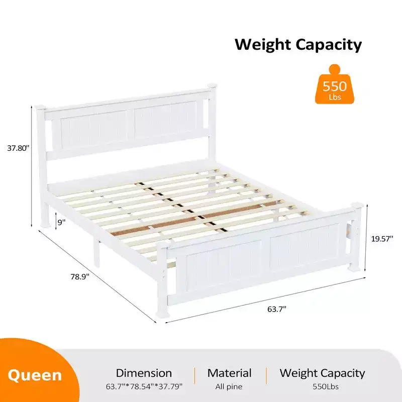 Karl Home Wood Bed Frame Queen Size Platform Bed with Headboard White