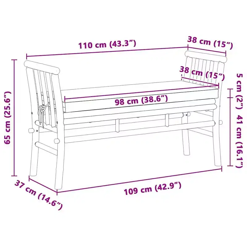 vidaXL Garden Bench with Cushion Brown 43.31 x 14.96 x 25.59 in Bamboo