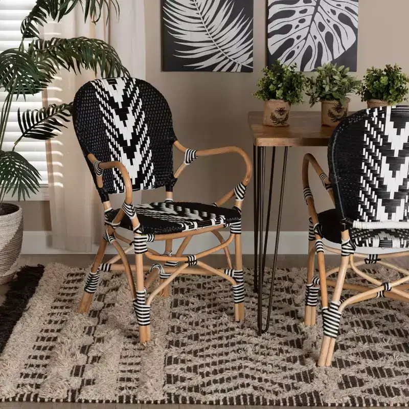 Wallis Modern French Two-Tone Black and White Weaving and Natural Rattan Indoor Dining Chair