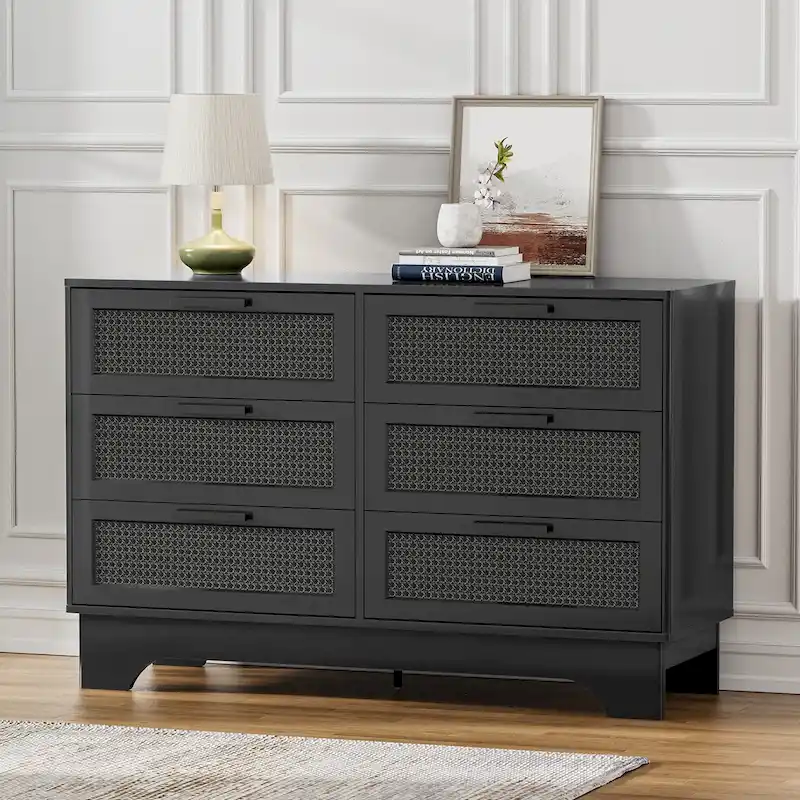 Modern Black 6-Drawer Double Dresser, Wood Rattan Chest of Drawers