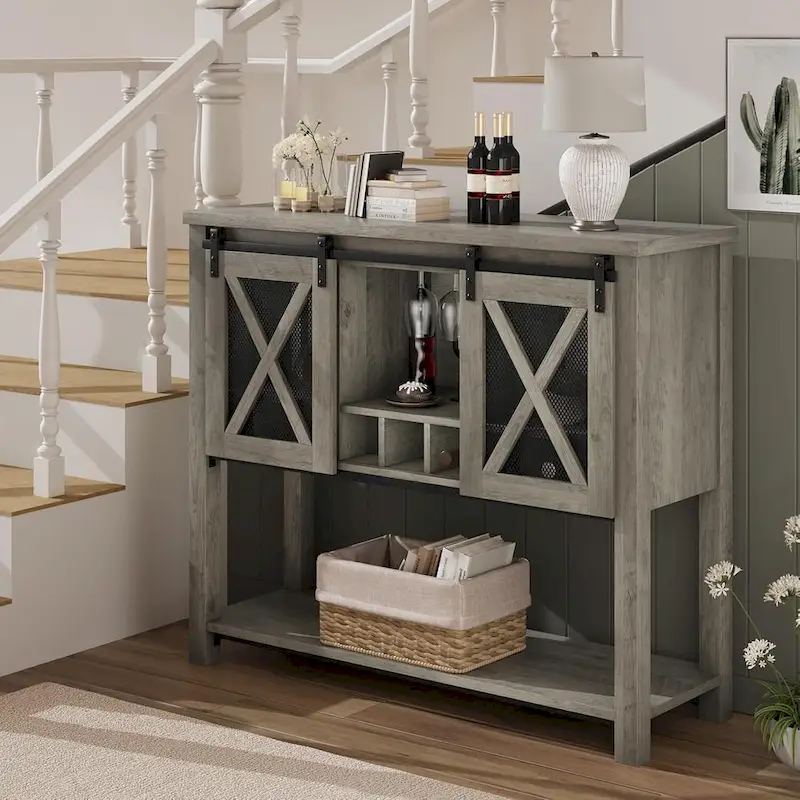 Coffee Bar Cabinet, Table Buffet Storage Cabinet with Wine Glass Rack