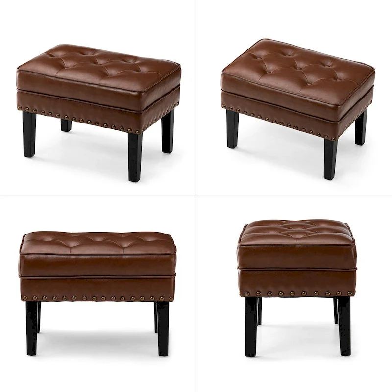Black / Coffee Mid-Century Button-Tufted PU Leather Ottoman