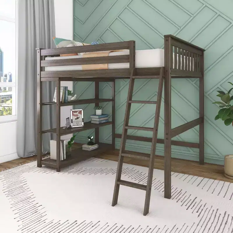 Full Size High Loft Bed with Ladder and Bookcase, Solid Wood Frame, Space Saving, 400 lbs Weight Capacity, Easy Assembly
