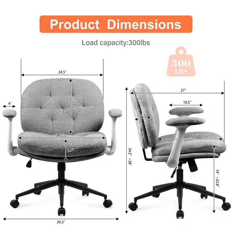 Grey Cross-Leg Swivel Chair with Flip-Up Armrests, Wide Seat for Desk and Vanity