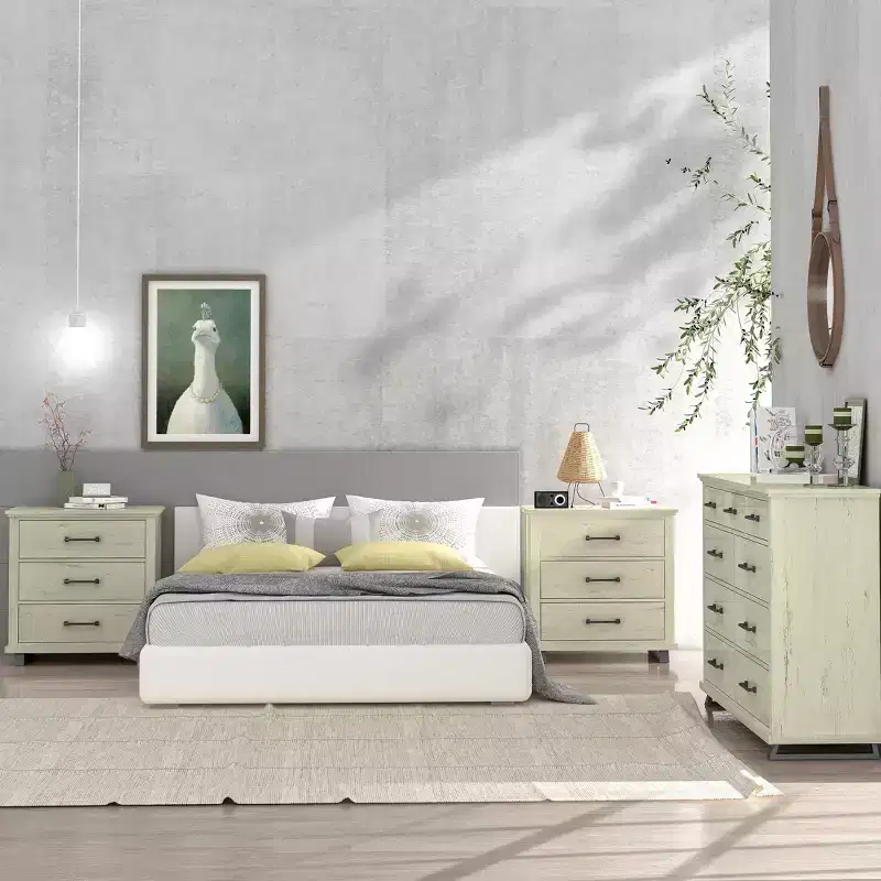 Festivo 3pc Contemporary 9 Drawer Dresser and 3 Drawer Nightstand Set Saw Cut Off-White: MDF, Metal Legs, Anti-Tip
