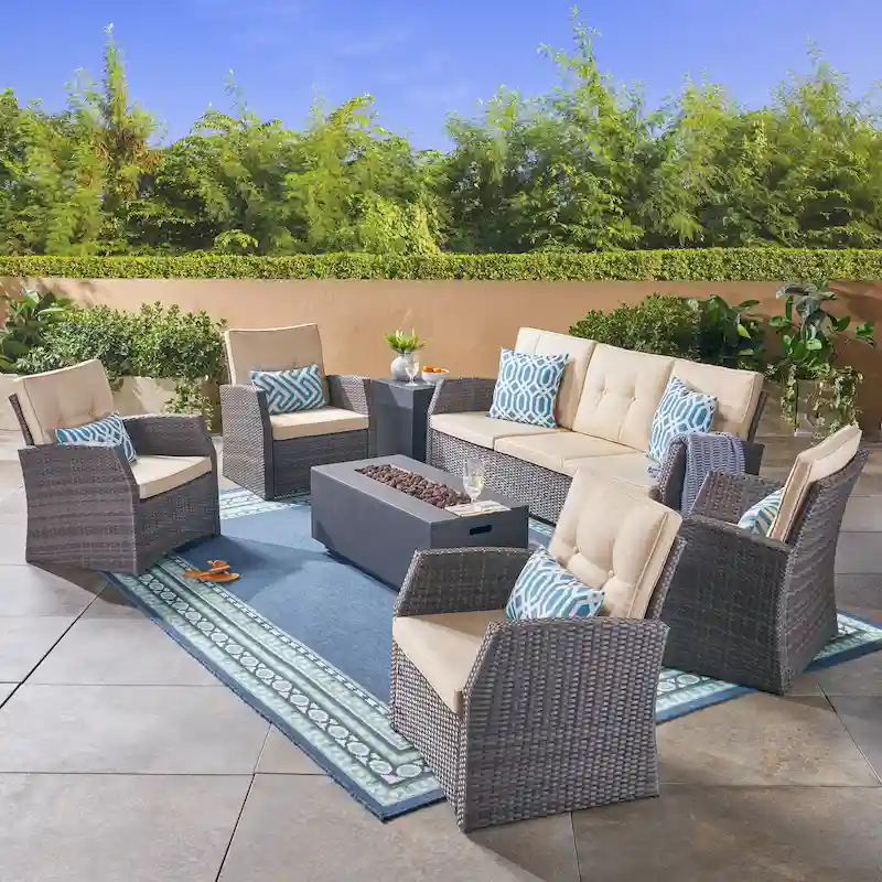 Sanger Outdoor 7 Seater Wicker Chat Set with Light Weight Concrete Fire Pit by Christopher Knight Home