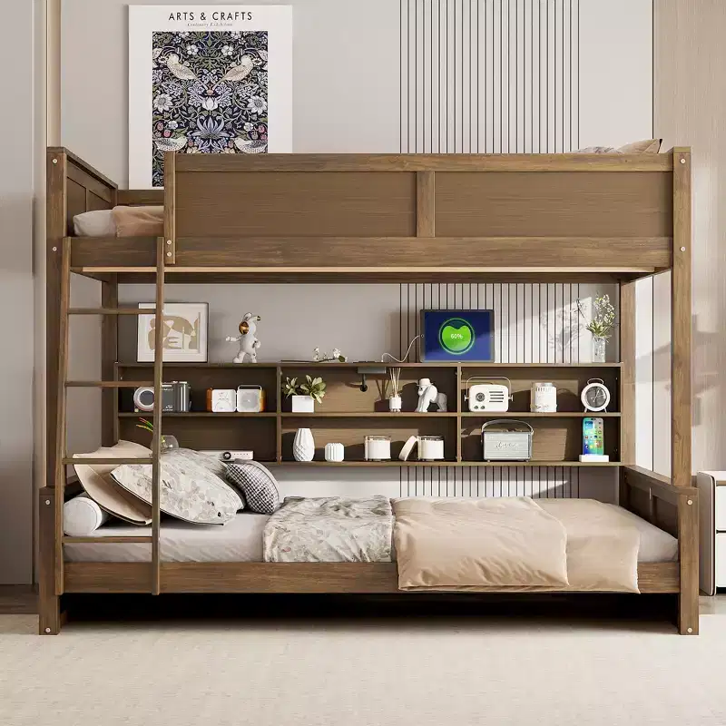 Bunk Bed with Storage Shelves, Solid Wood Bedframe with Cabinets & USB Ports for Bedroom