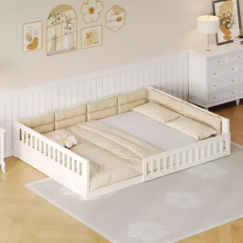 Full Size Floor Bed for Kids with Fence, Wood Floor Platform Bed Upholstered Pillow