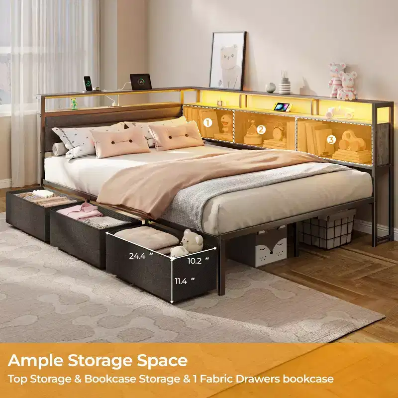 Full Size Corner Bed Frame with LED Lights and Storage Bookcase Built in Charging Station Upholstered Daybed with 3 Drawers No Box Spring Needed Gray