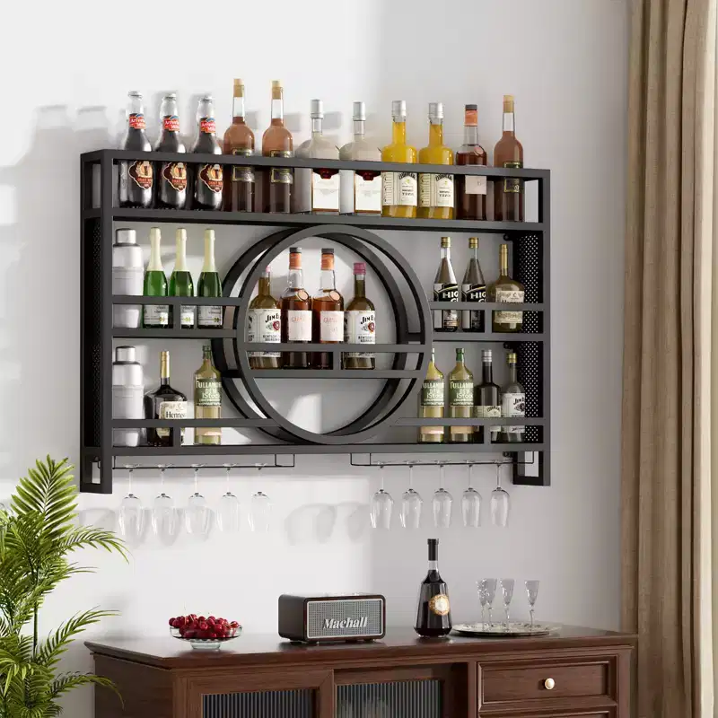 3-Tier Wall Mounted Wine Rack, Metal Floating Shelves, Wine Glass Holder, 39-47 Inch