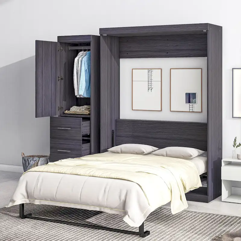 Gray Foldable Murphy Bed with Wardrobe & 3 Drawers, Full/Twin, 1-Person