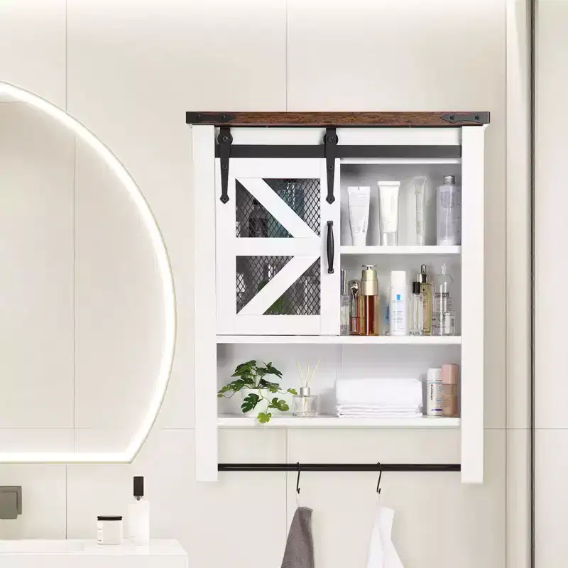 Bathroom Organizer Cabinet, Over The Toilet with Towel Bar & Hooks, 3-Tier Sliding Barn Door Wall Mounted Storage
