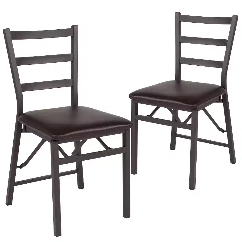 Set of 2 Folding Ladder Back Metal Chairs with Brown Vinyl Seat, 225 lb Capacity