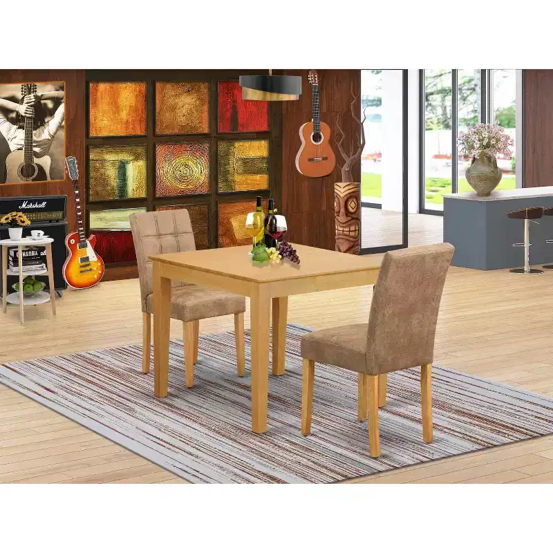 HomeStock 3-Pc Natural Brown Oak Finish Square Solid Wood Top Dining Table Set - Seats 2