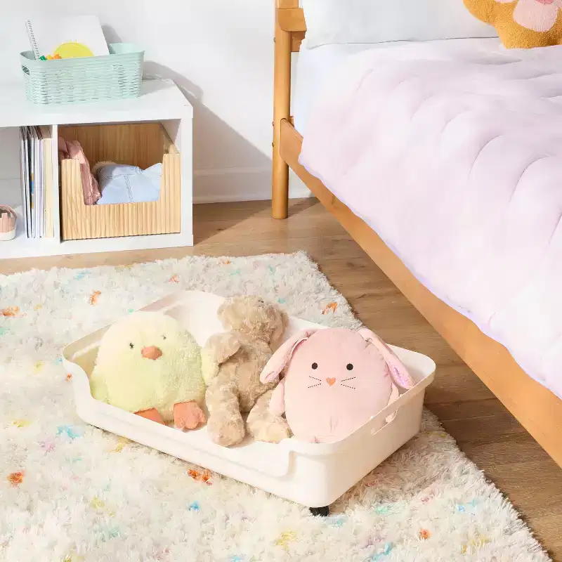 Under Bed Rolling Kids Storage with Casters, Open Top Plastic Storage Box