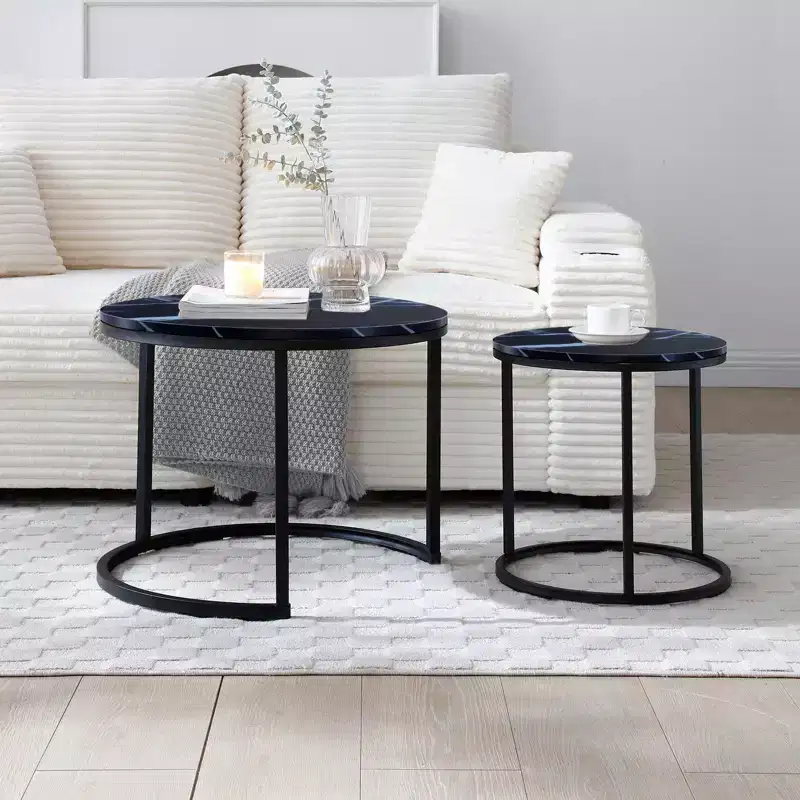 Round Nesting Coffee Table Set of 2 End Table Cocktail Table Center Table Side Table with Sturdy Metal Frame - ModernLuxe