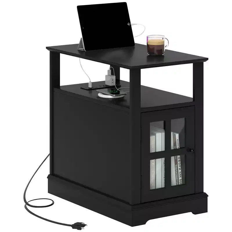 Narrow Side Table with Charging Station - 2 USB Ports, 2 Outlets, Hidden Storage