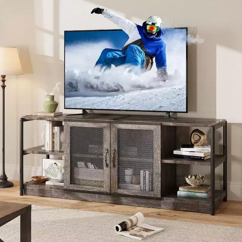 63 Industrial Farmhouse TV Stand for 75 Inch TVs, Weight Capacity 500LB, Media Console with Double Mesh Doors, Storage Cabinet for Living Room