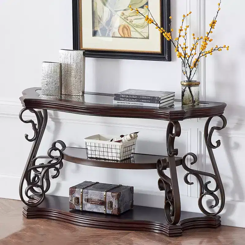 GDFStudio Shirley Traditional 2-Tier Glass and Wood Console Table with Marble Shelf