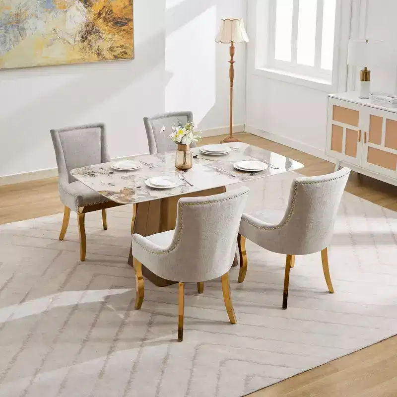 Okak Modern Chenille Dining Chairs Set of 2, Comfy Fabric Chairs with Thick Upholstered, Accent Chairs with Gold - Plated Legs Rivet Trim