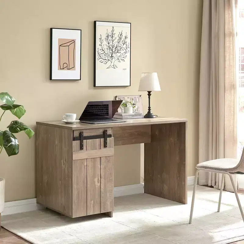 47.25IN Farmhouse Home Office Desks, Computer Desk with 1 Faux Barn Door and 3-Tier Shelves, Standing Desk for Home, Office