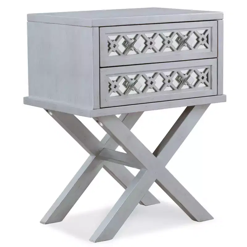 Mirrored Diamond Filigree X Base Nightstand/Table Silver Leaf - Leick Home: Solid Wood, 28" Height, 2 Drawers