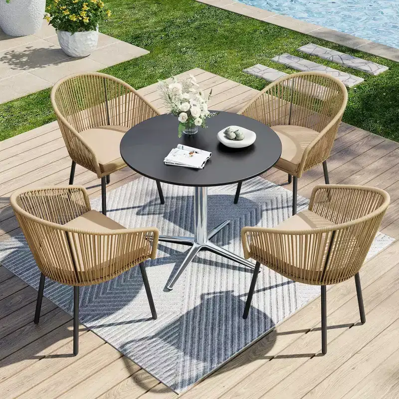Captiva Designs 5pc Patio Dining Table with X-Shaped Legs & Woven Pull Cord Back with Seat Cushion