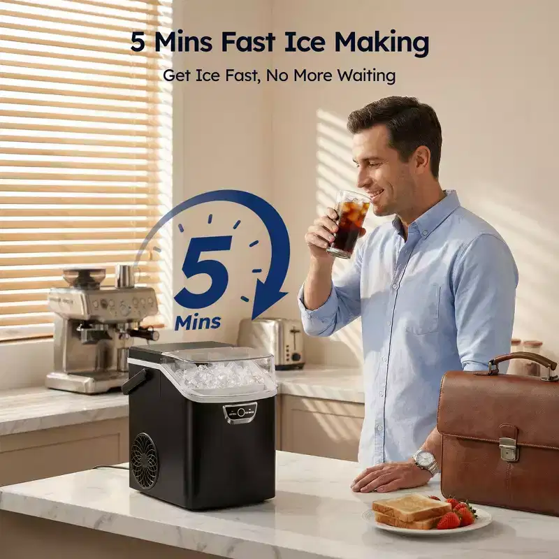 Simzlife 33 Lbs. Nugget Ice Maker Countertop , 5mins Fast Ice Making, Quiet Operation & Self-Cleaning, Black