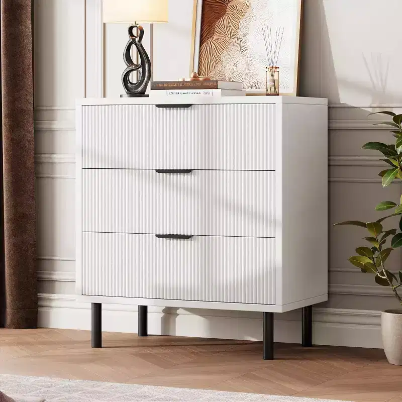 COZONY Wave Fluted 3-Drawer Dresser, Modern Wood Storage Cabinet with Metal Legs, Bedroom Chest Organizer 2 pcs with 2 boxs shipping