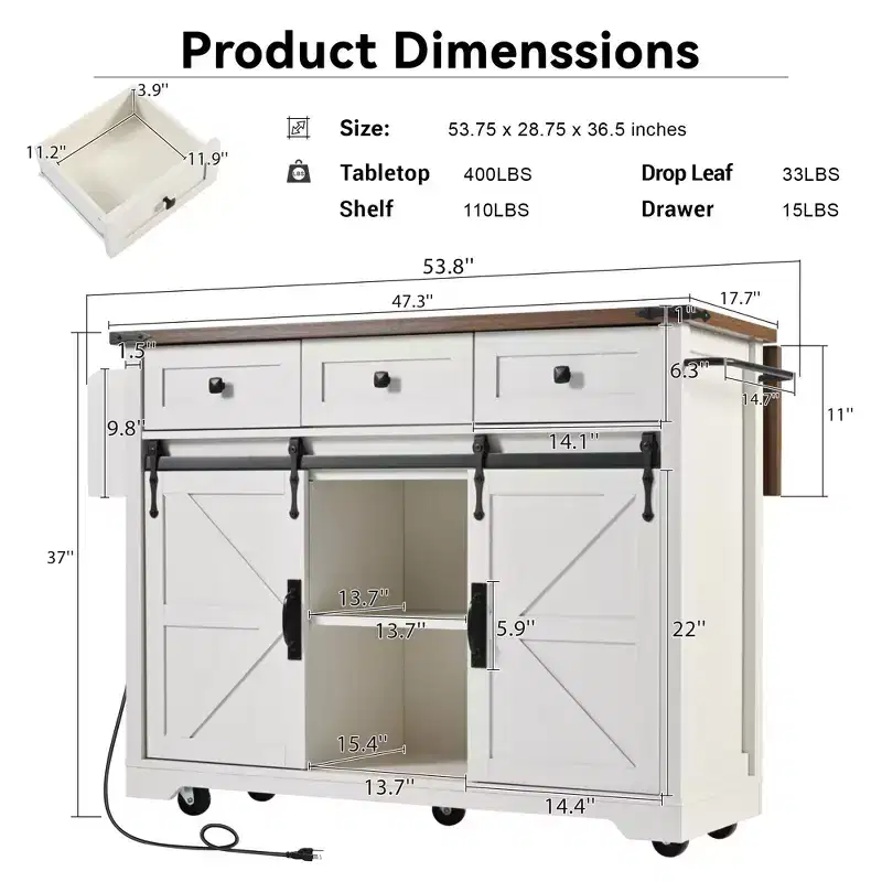 53.7 Farmhouse Kitchen Island with Power Outlet, Barn Doors, Drop Leaf, Spice Rack