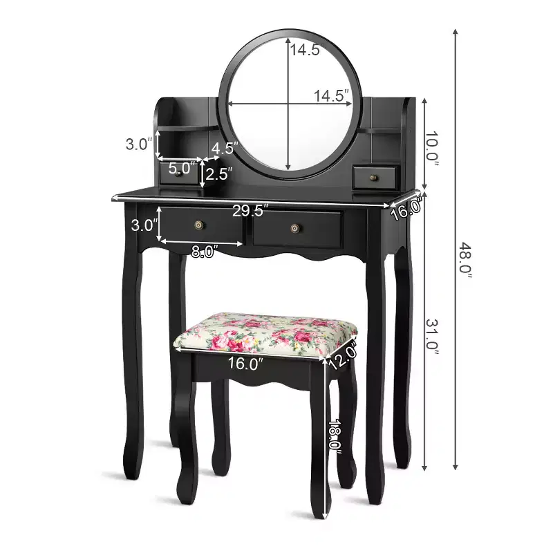 Makeup Vanity Table with Drawers and Oval Mirror